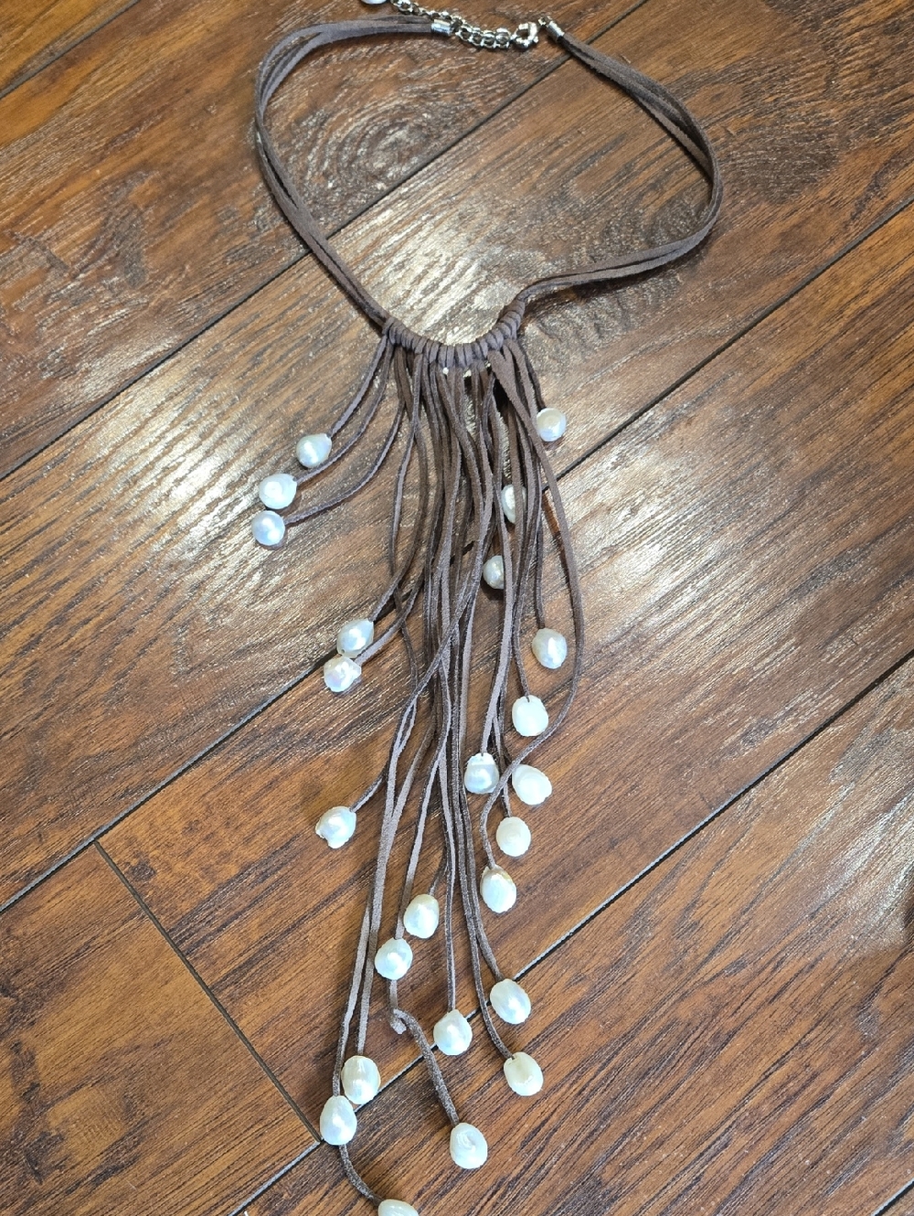 Suede Fringe Necklace with Pearl Drops - Taupe and White